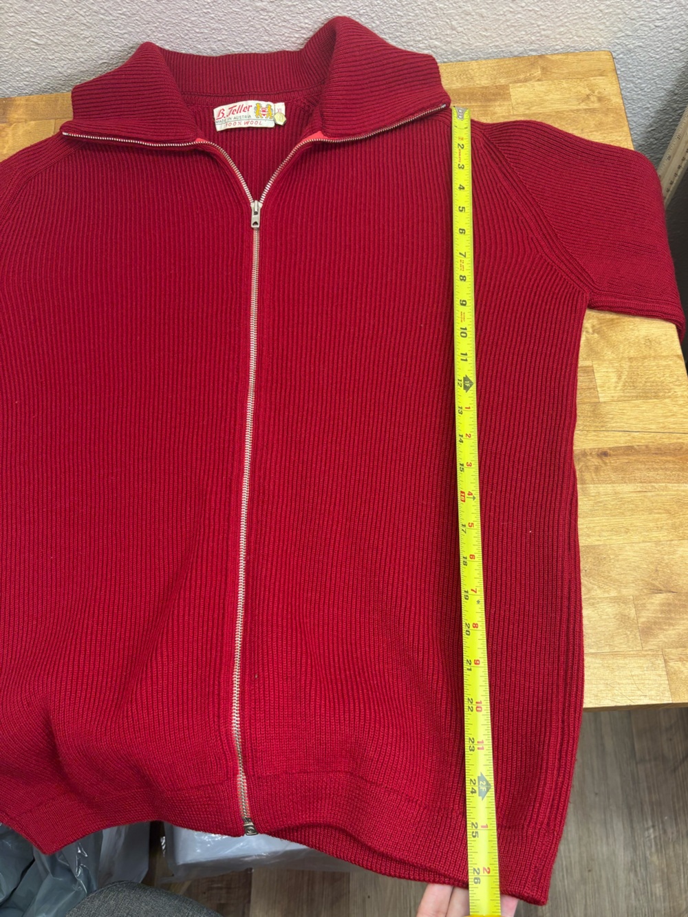 Vintage B Teller Austria 100% Pure New Wool Zip Sweater Burgundy Rib Knit XL - Picture 9 of 9